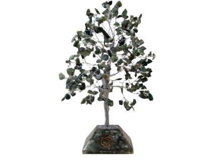 Stromek Štěstí s Orgonitovým Podstavcem - 320 Kamínků - Mechový Achát