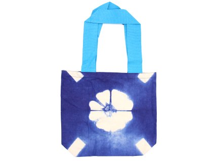 Přírodní Bavlněná Taška Tye-Dya - 38x42x12cm - Modrý Květ - Modré Popruhy