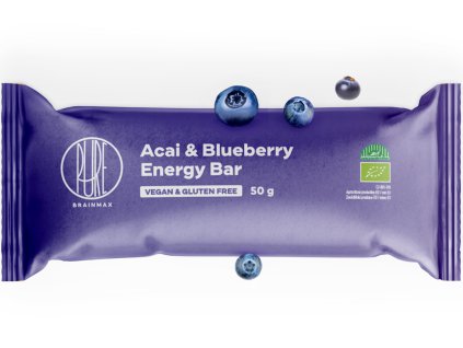 BrainMax Pure Energy Bar, асаи и боровинка, БИО, 50 г Енергийно барче, заредено с естествени захари от плодове / *CZ-BIO-001 сертификат