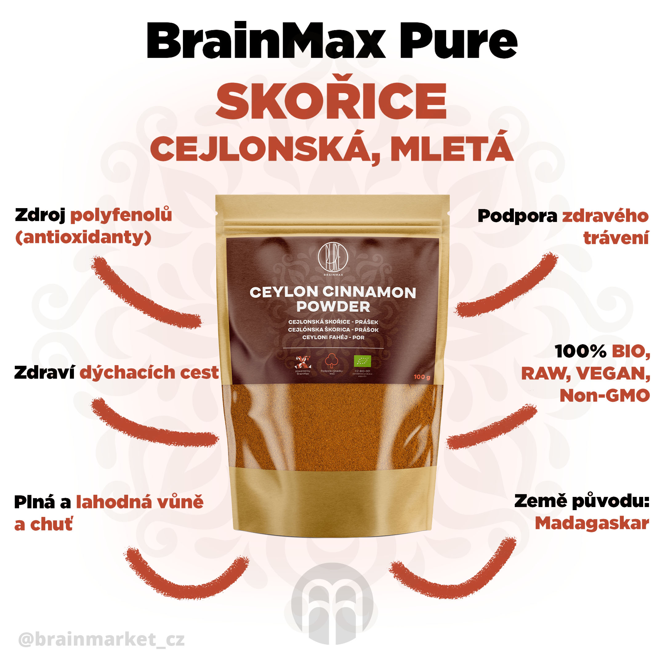 Brainmax Pure Škorica Cejlónska BIO mletá, 100 g - BrainMarket.cz