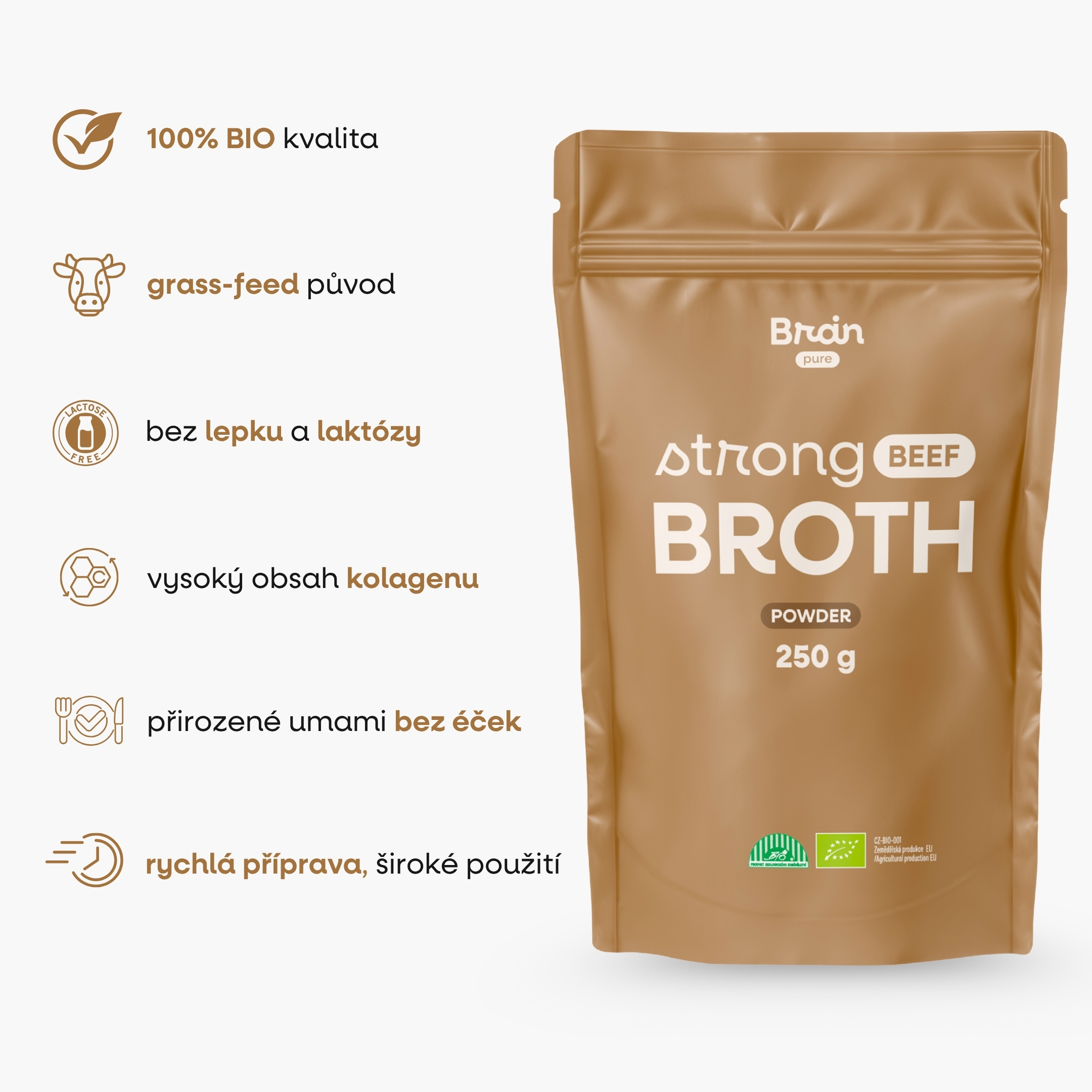 BrainMax Pure Silný hovězí vývar v prášku, Grass-fed, BIO, 250 g