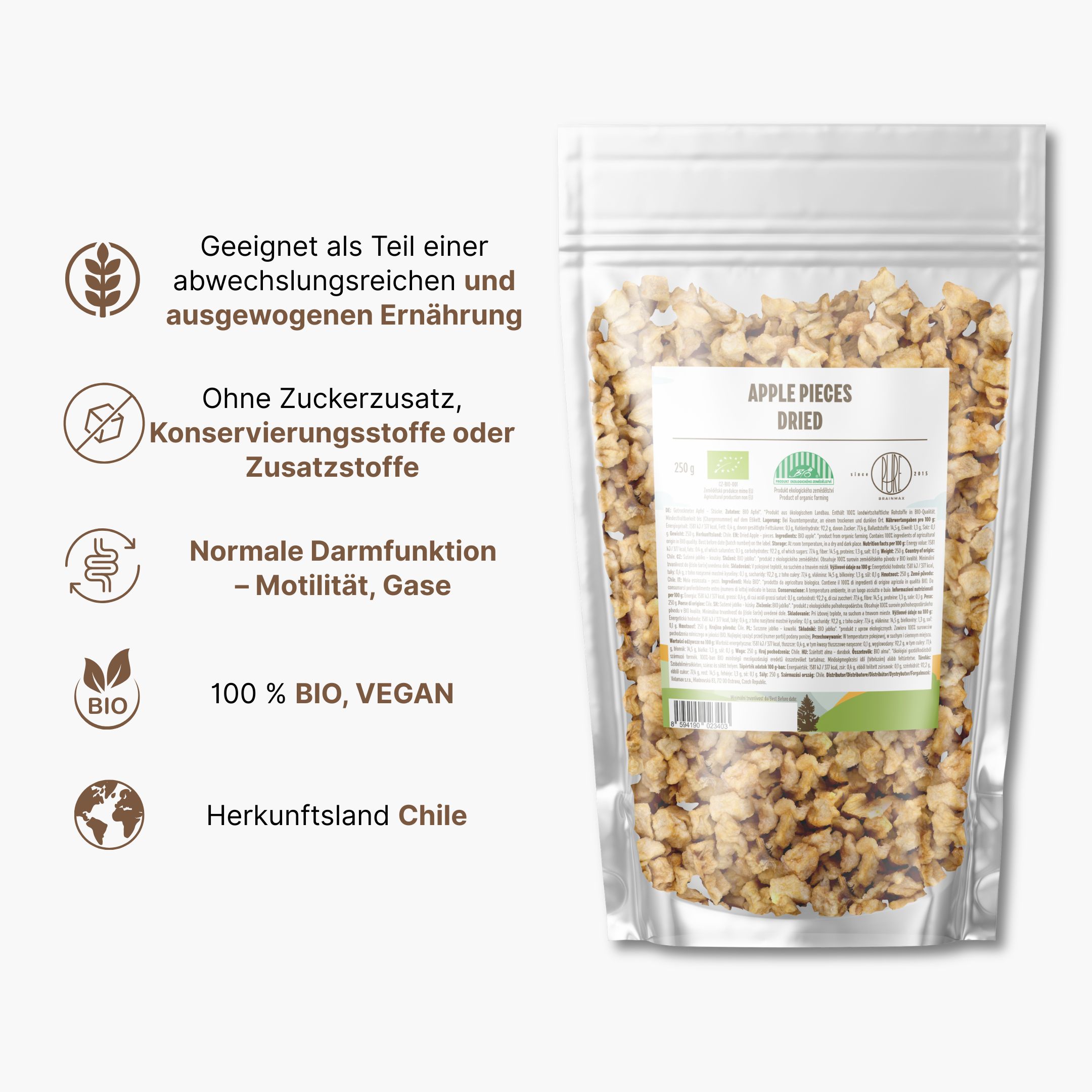 BrainMax Pure getrocknete Apfelst&uuml;cke BIO, 250 g
