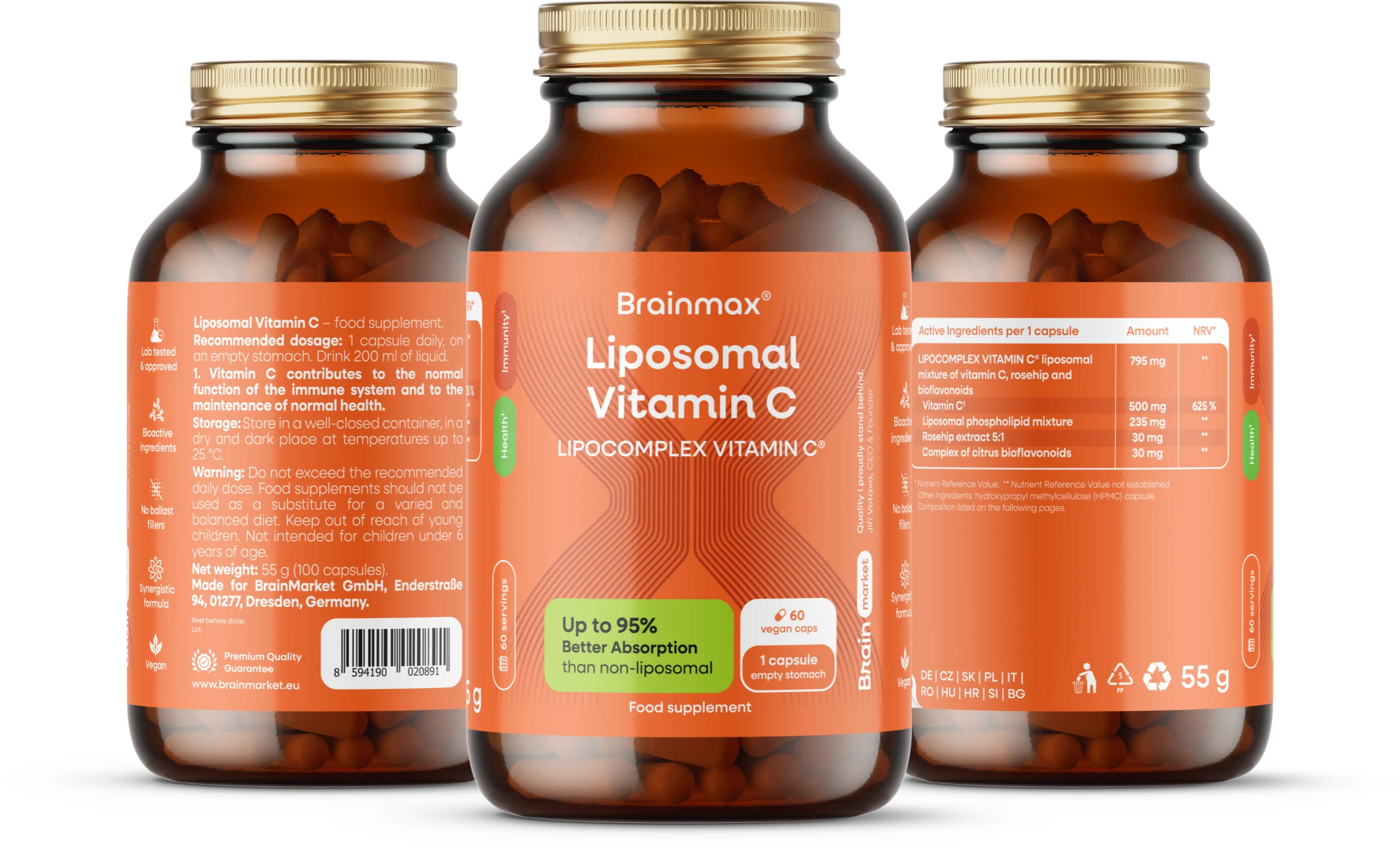 Trzy szklane słoiczki BrainMax Liposomal Vitamin C z przodu, z boku i z tyłu