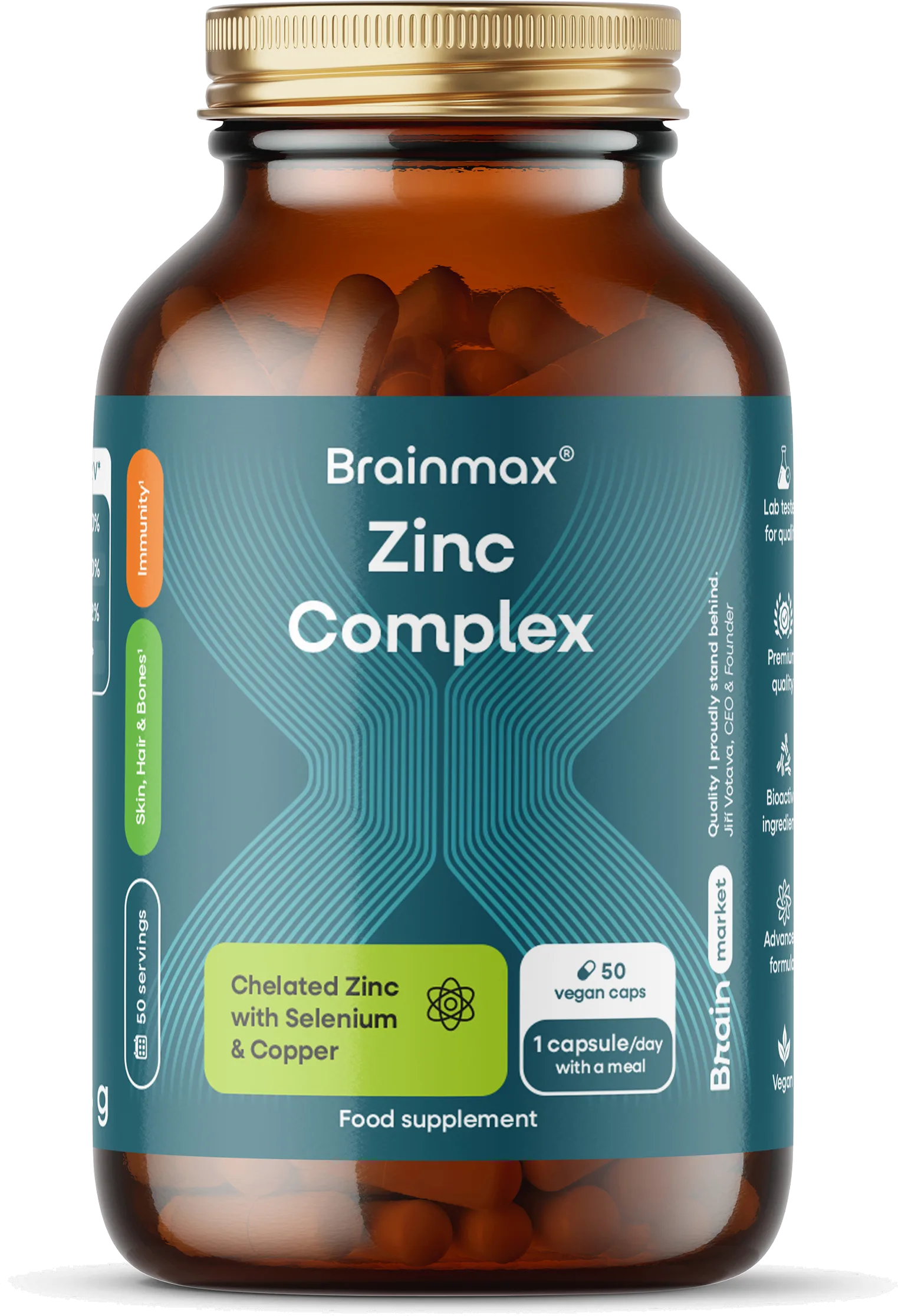 Brązowy szklany słoiczek BrainMax Zinc Complex z turkusową etykietą