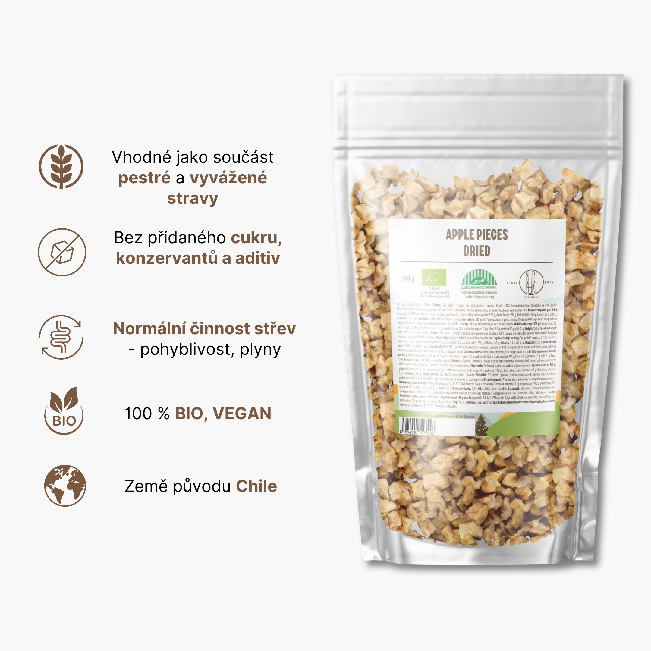BrainMax Pure Jablka kousky sušené BIO, 250 g