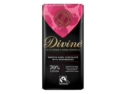 Divine Chocolate Hořká čokoláda s malinami 70%, 90g