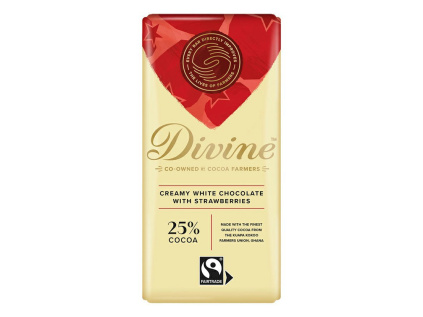 Divine Chocolate Bílá čokoláda s jahodami a vanilkou 25%, 90g