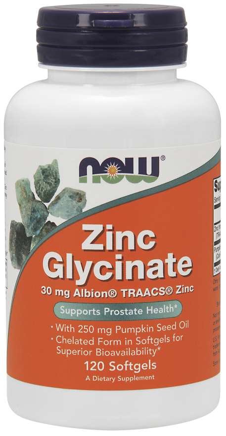 Now® Foods NOW Zinc Glycinate (zinek bisglycinát + dýňový olej), 30 mg, 120 softgel kapslí