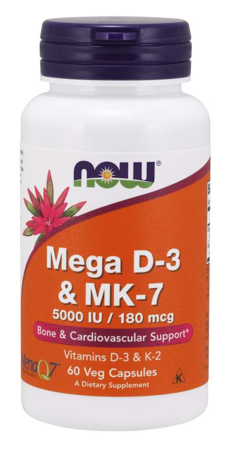 Now® Foods NOW Mega D3 & MK-7, Vitamín d3 5000 IU & Vitamín K2 180 ug, 60 rostlinných kapslí