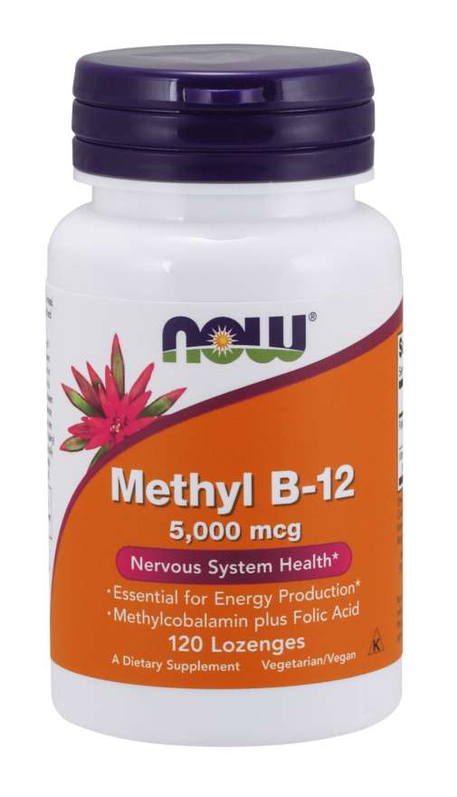 NOW Methyl B12 with Folic Acid (Vitamín B12 + Kyselina Listová v aktivní formách), 5000 mcg, 120 pastilek
