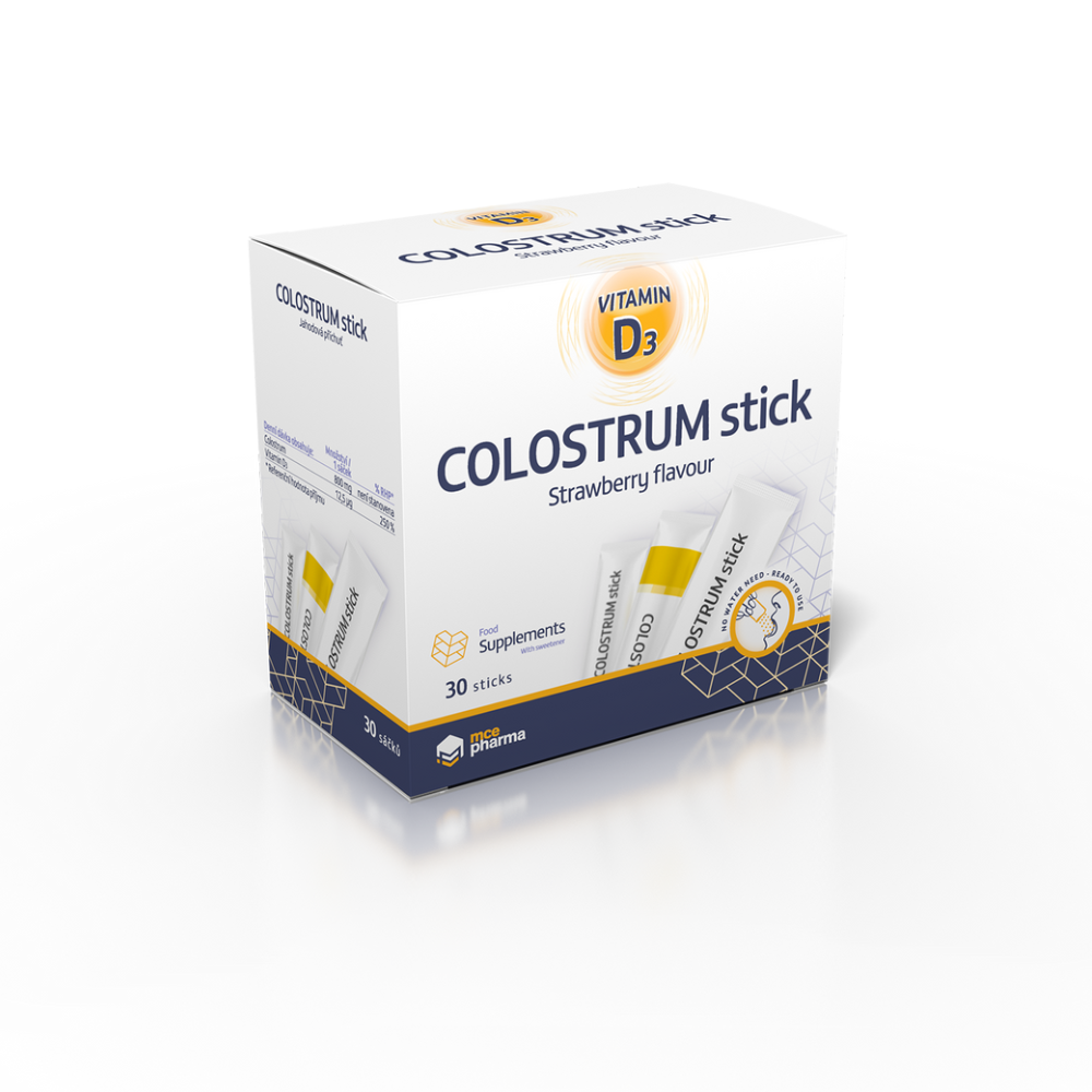 Levně mcePharma COLOSTRUM 800 mg + Vitamín D3 500IU, Kolostrum, 30 sticků s jahodovou příchutí