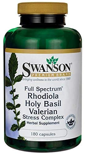 Swanson Full Spectrum Rhodiola Holy Basil Valerian Stres Complex (Rhodiola, Bazalka indická, Kozlík lékařský), 180 kapslí