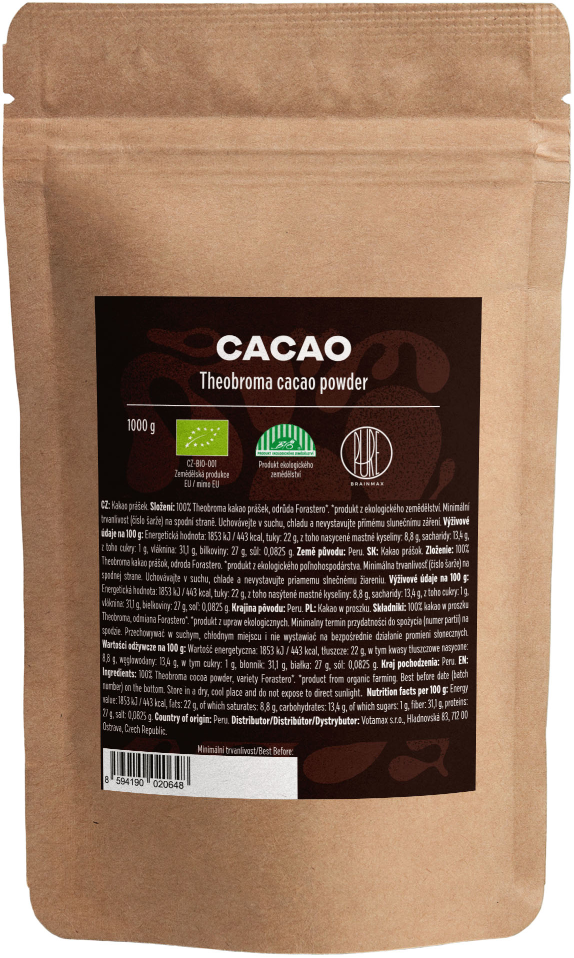 Levně BrainMax Pure Cacao, Bio Kakao z Peru, 1000 g *CZ-BIO-001 certifikát