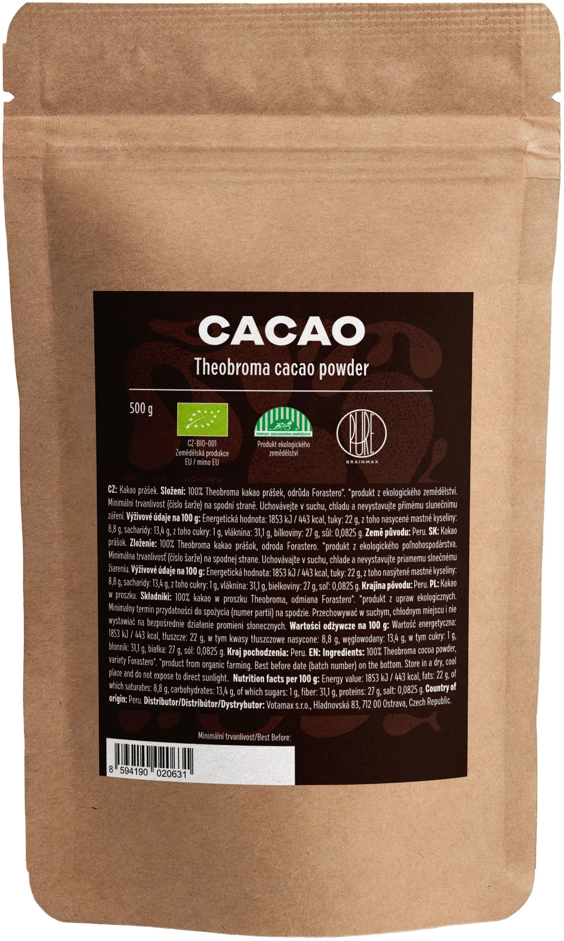 Levně BrainMax Pure Cacao, Bio Kakao z Peru, 500 g *CZ-BIO-001 certifikát