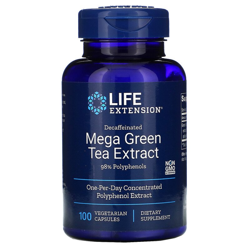 Levně Life Extension Decaffeinated Mega Green Tea Extract (extrakt ze zeleného čaje bez kofeinu), bezkofeinový extrakt ze zeleného čaje, 100 rostlinných kapslí