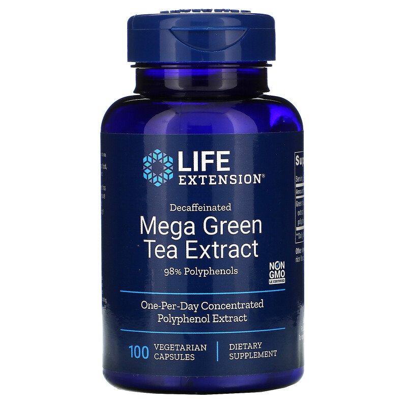 Life Extension Decaffeinated Mega Green Tea Extract (extrakt ze zeleného čaje bez kofeinu), bezkofeinový extrakt ze zeleného čaje, 100 rostlinných kapslí