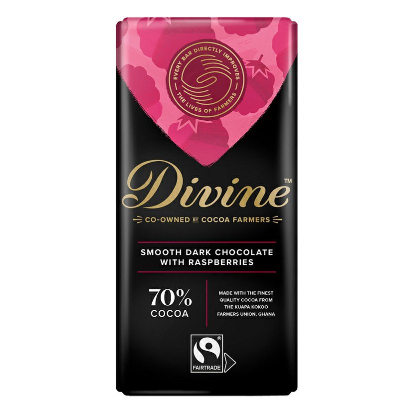 Divine Chocolate Hořká čokoláda s malinami 70%, 90g