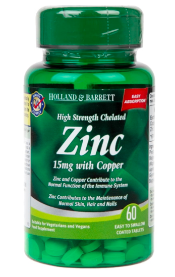 Holland & Barrett High Strength Chelated Zinc with Copper (Zinek v chelátové vazbě s mědí), 15 mg, 60 tablet