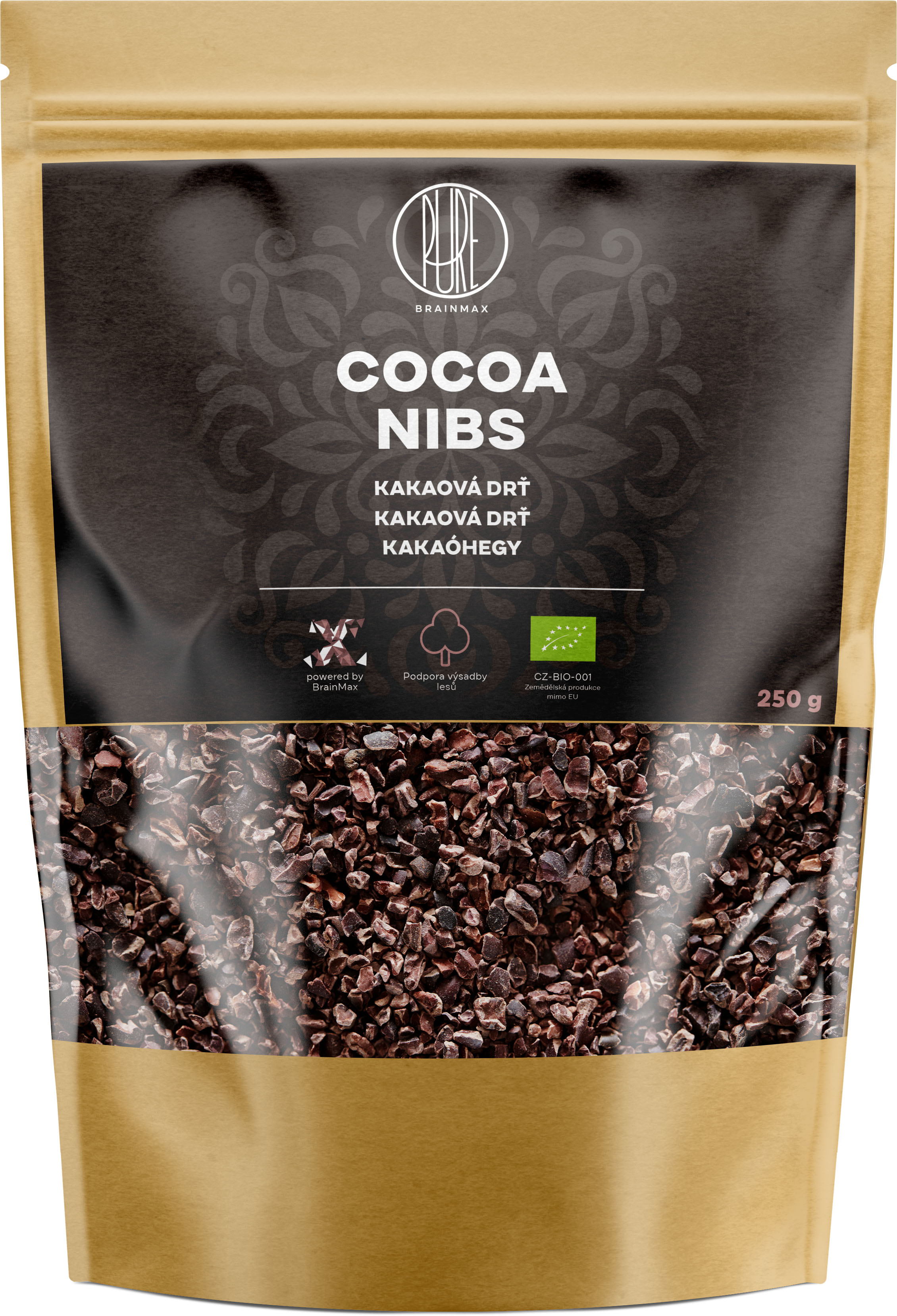 BrainMax Pure Cocoa Nibs, Drcené Kakaové Boby, Nepražené, RAW, BIO, 250 g *CZ-BIO-001 certifikát