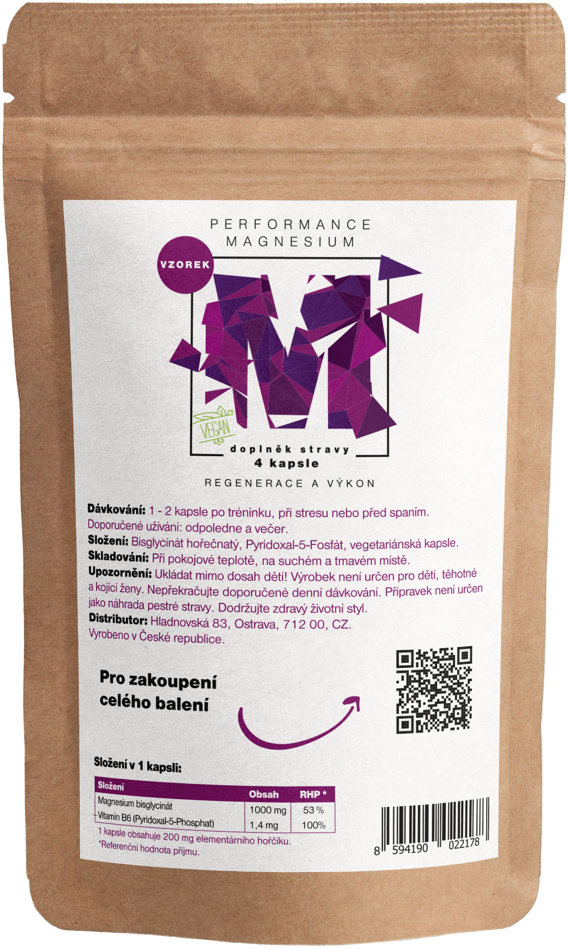 BrainMax Performance Magnesium 1000 mg, (Hořčík 200 mg + Vitamín B6), 4 rostlinné kapsle, VZOREK // Doplněk stravy