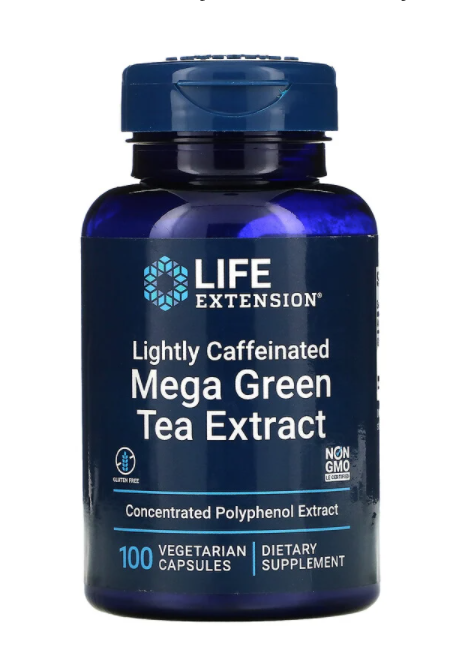 Levně Life Extension Caffeinated Mega Green Tea Extract, extrakt ze zeleného čaje, 100 rostlinných kapslí