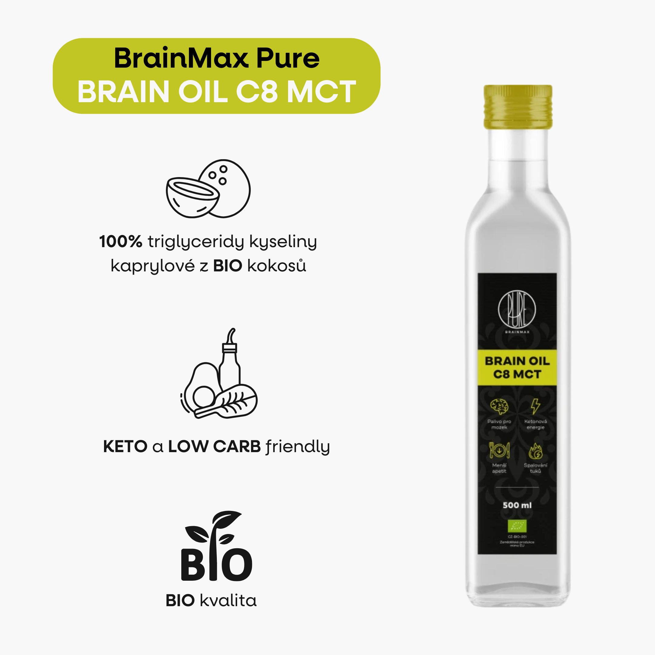 BrainMax Pure Brain MCT Oil C8 BIO, 500 ml Obrázek