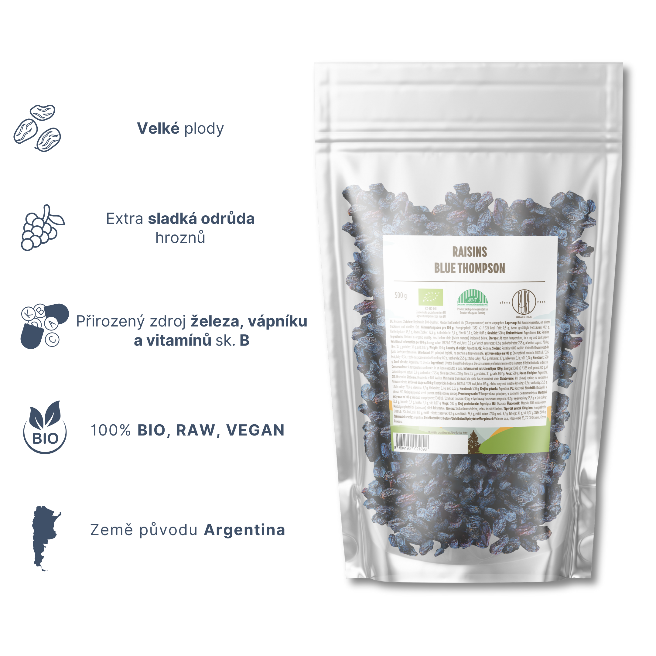 BrainMax Pure Rozinky Blue Thompson BIO, 500g Obrázek