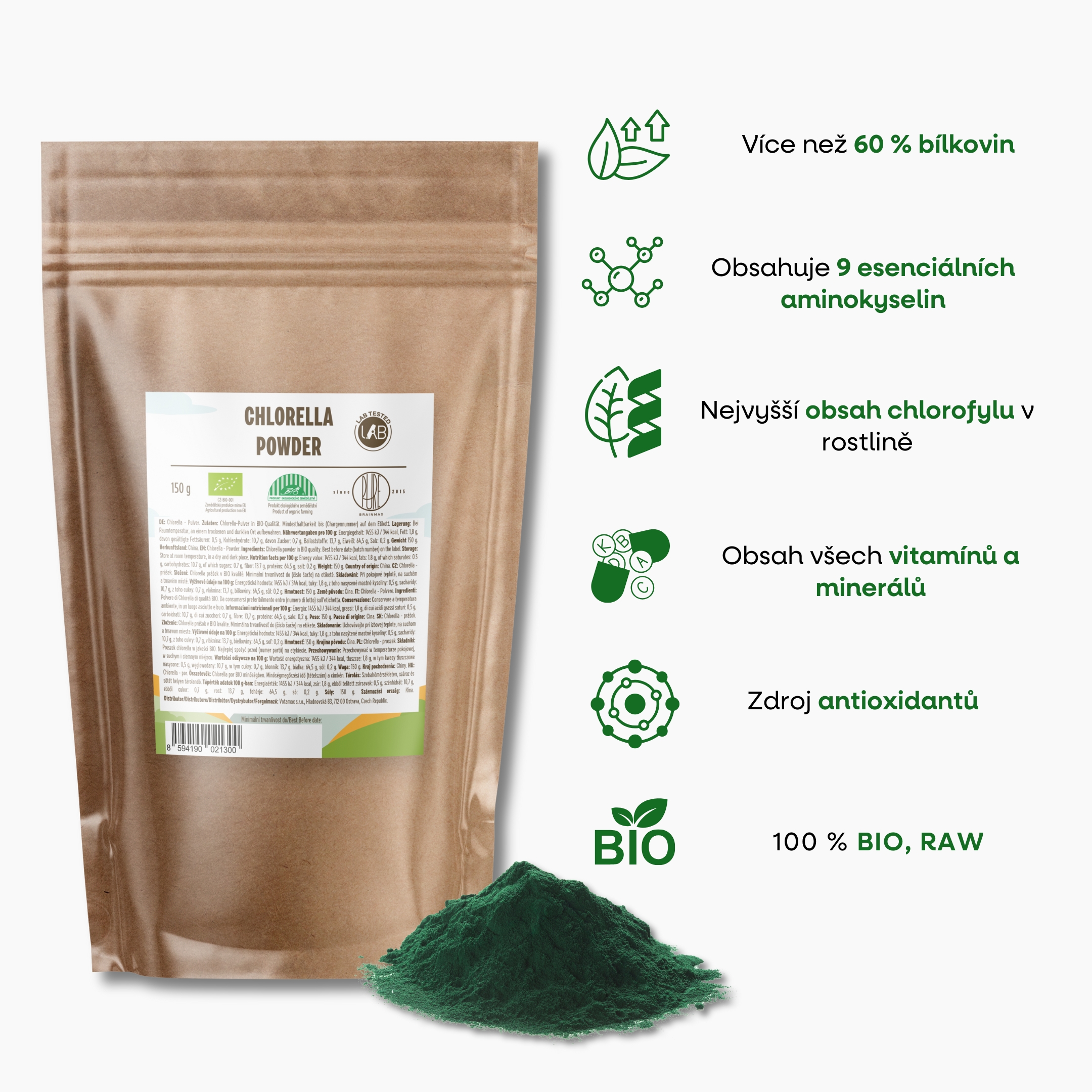 BrainMax Pure Chlorella BIO, 150 g Obrázek