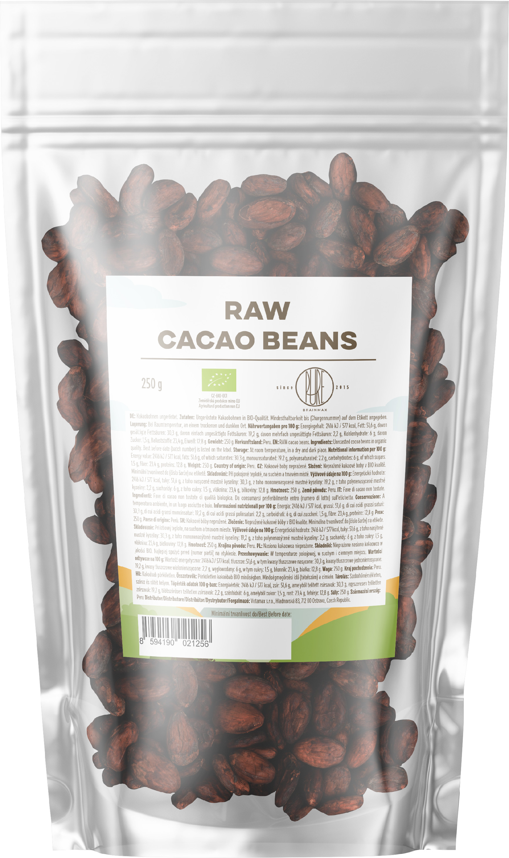 BrainMax Pure Kakaové boby RAW, BIO, 250 g Obrázek