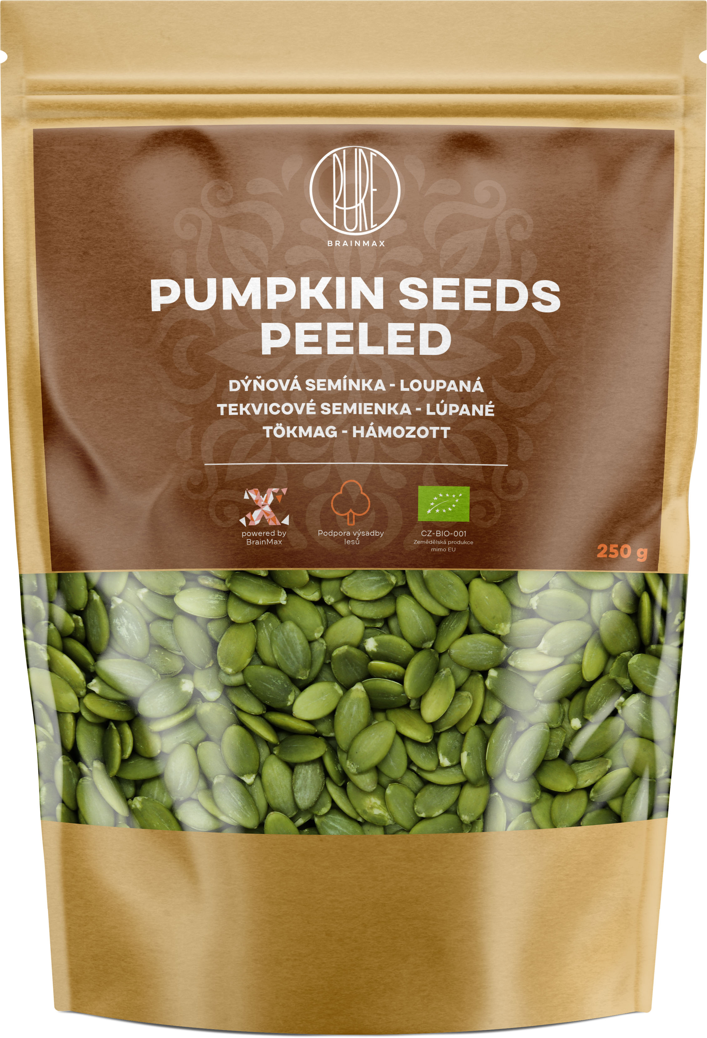 BrainMax Pure Pumpkin Seeds Peeled, Dýňová semínka BIO, 250g *CZ-BIO-001 certifikát