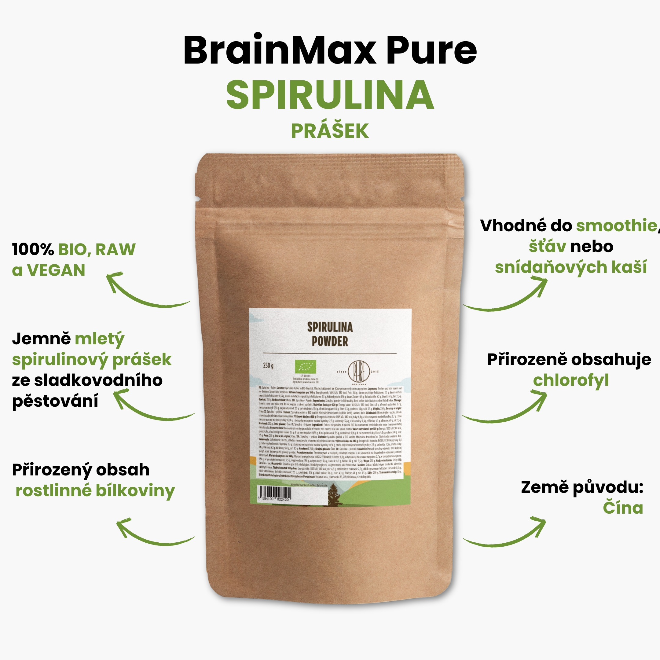 BrainMax Pure Spirulina BIO prášek, 250 g Obrázek