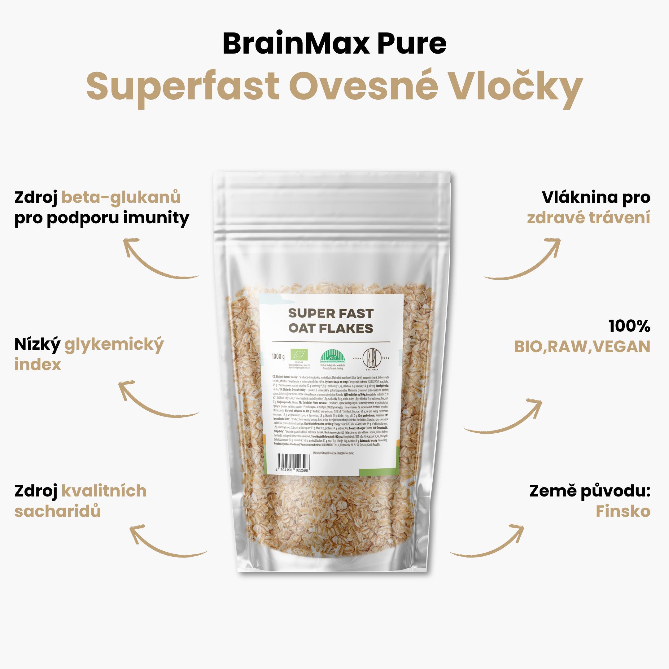 BrainMax Pure Superfast Ovesné Vločky BIO, 1kg Obrázek