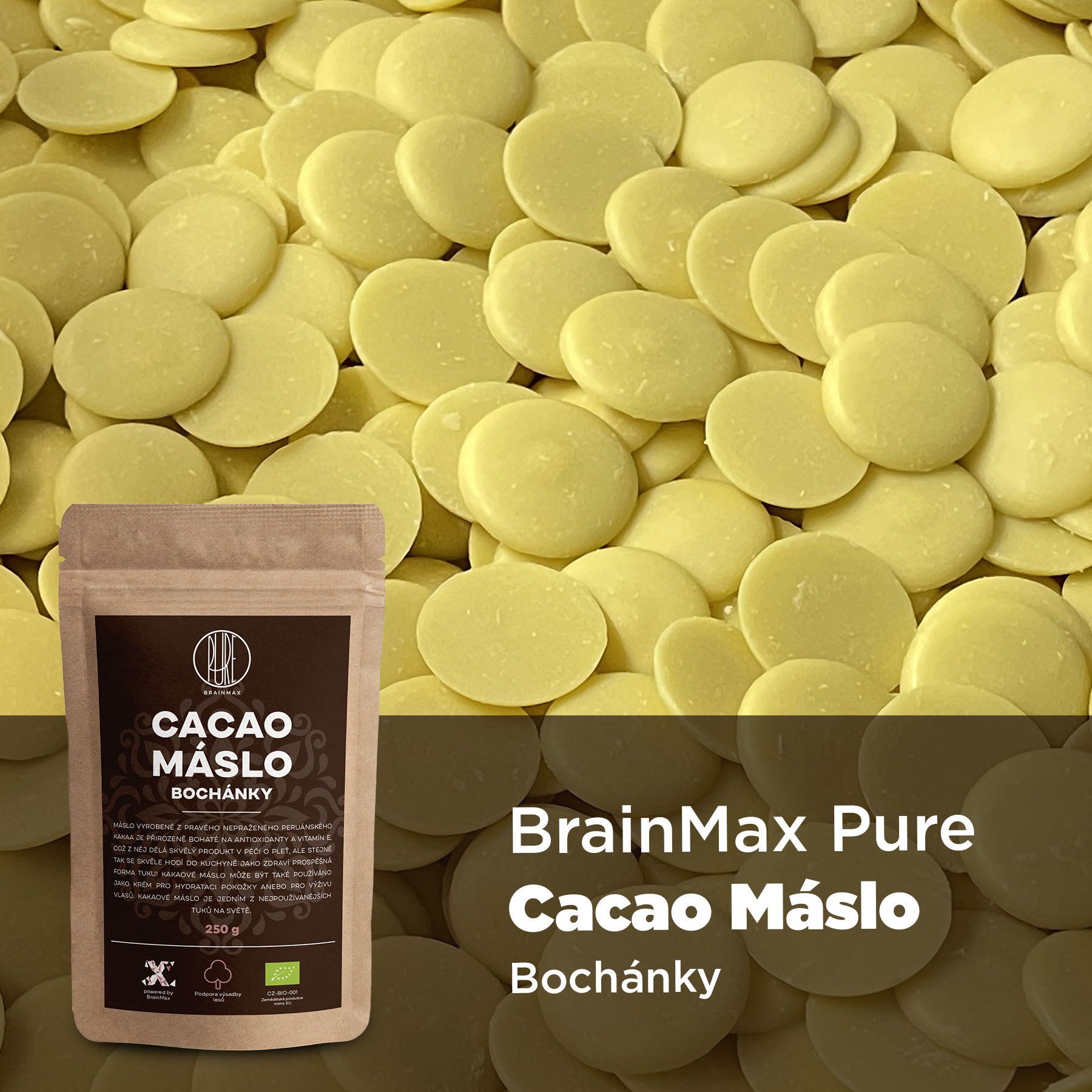 BrainMax Pure Kakaové máslo BIO, bochánky, 250g Obrázek