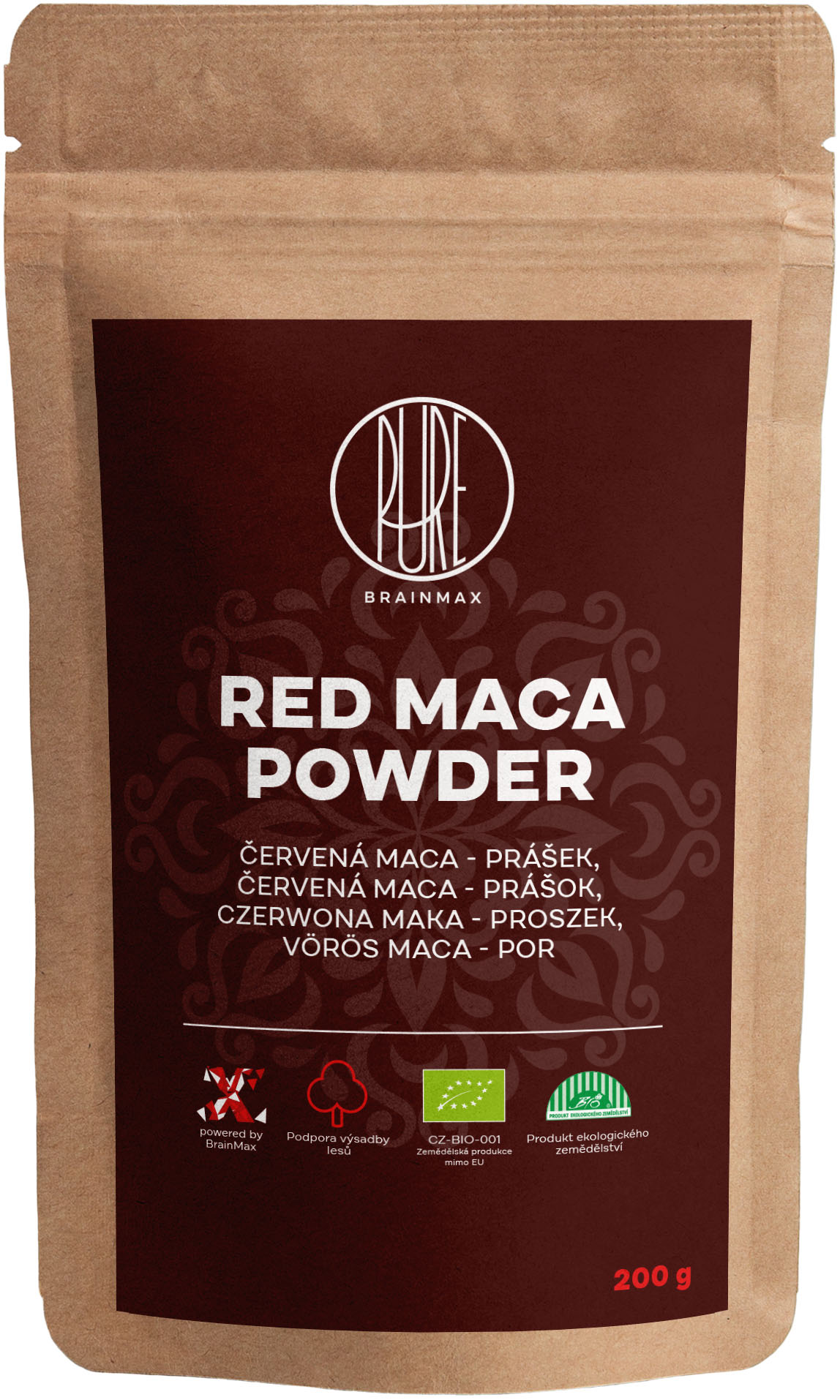 Levně BrainMax Pure Red Maca Powder, Maca červená BIO prášek, 200 g *CZ-BIO-001 certifikát