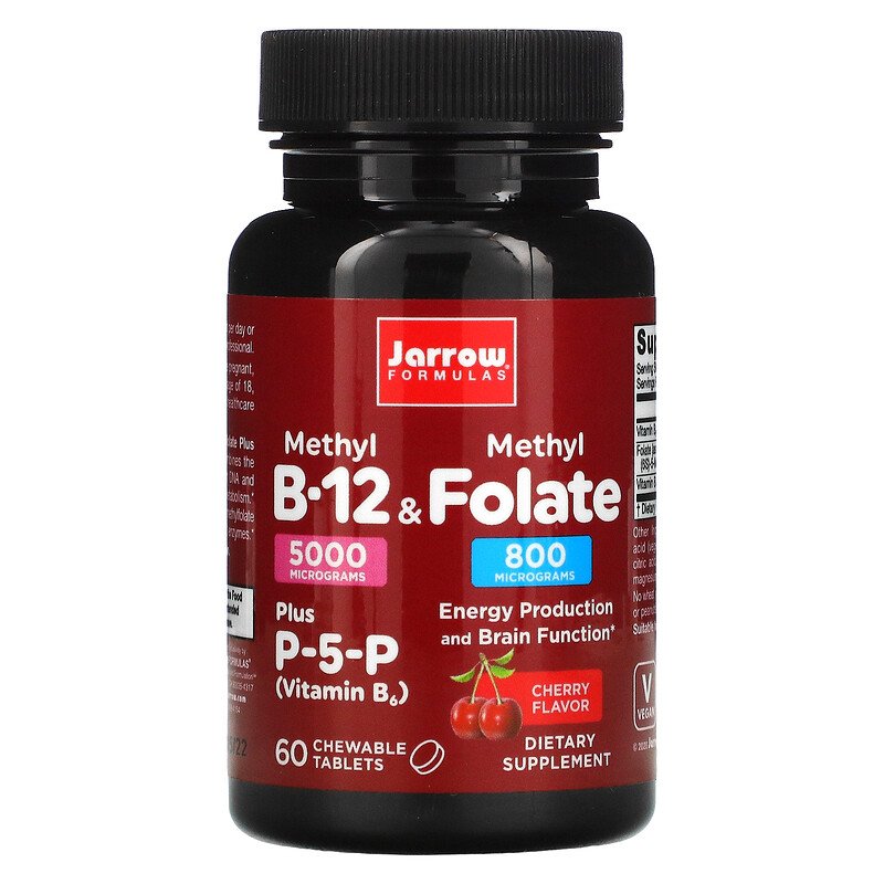 Jarrow B12 & Methyl Folate (vitamin B12 a aktivní forma kyseliny listové, třešeň), 800mcg, 60 žvýkacích pastilek