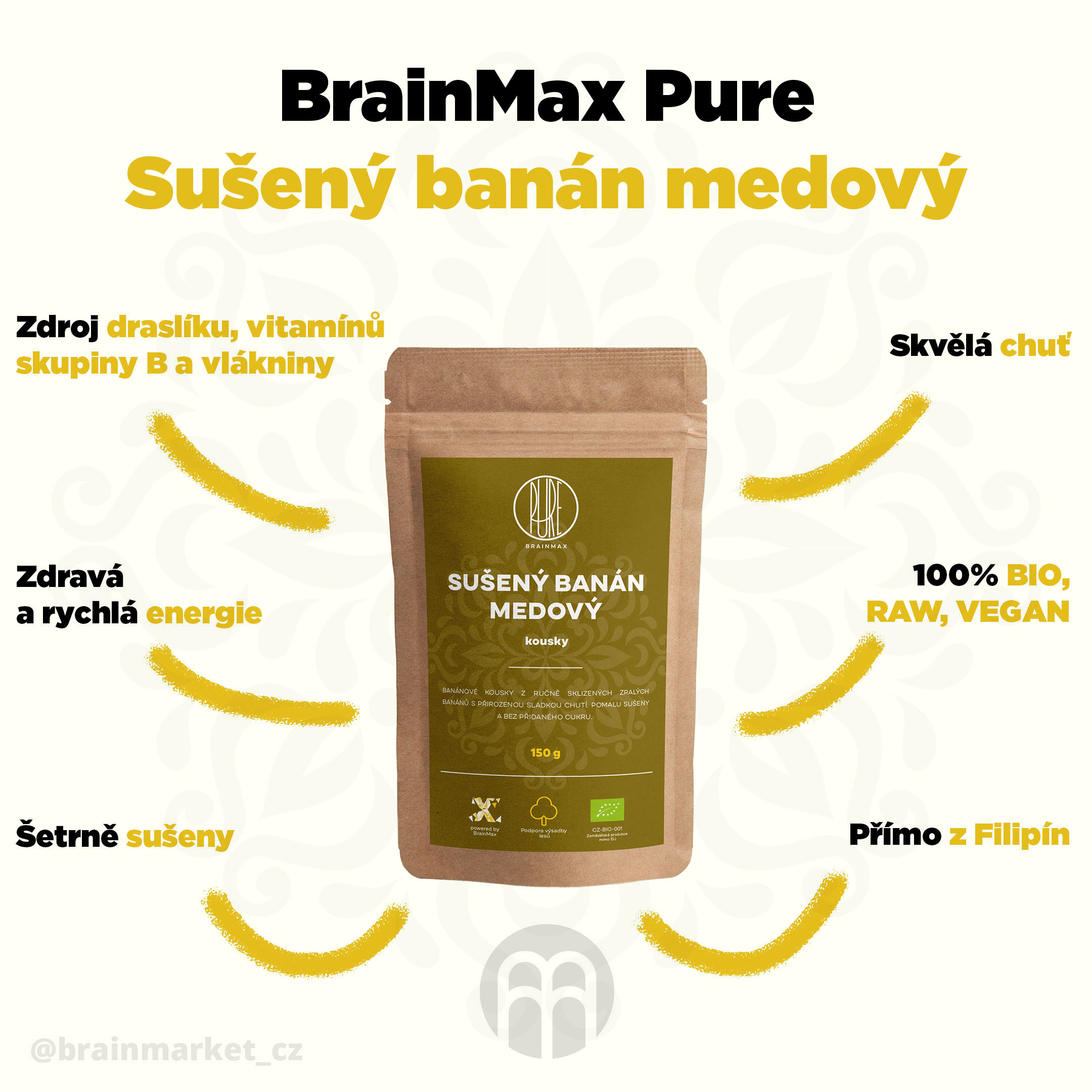 BrainMax Pure Sušený banán medový, kousky BIO, 150 g Obrázek