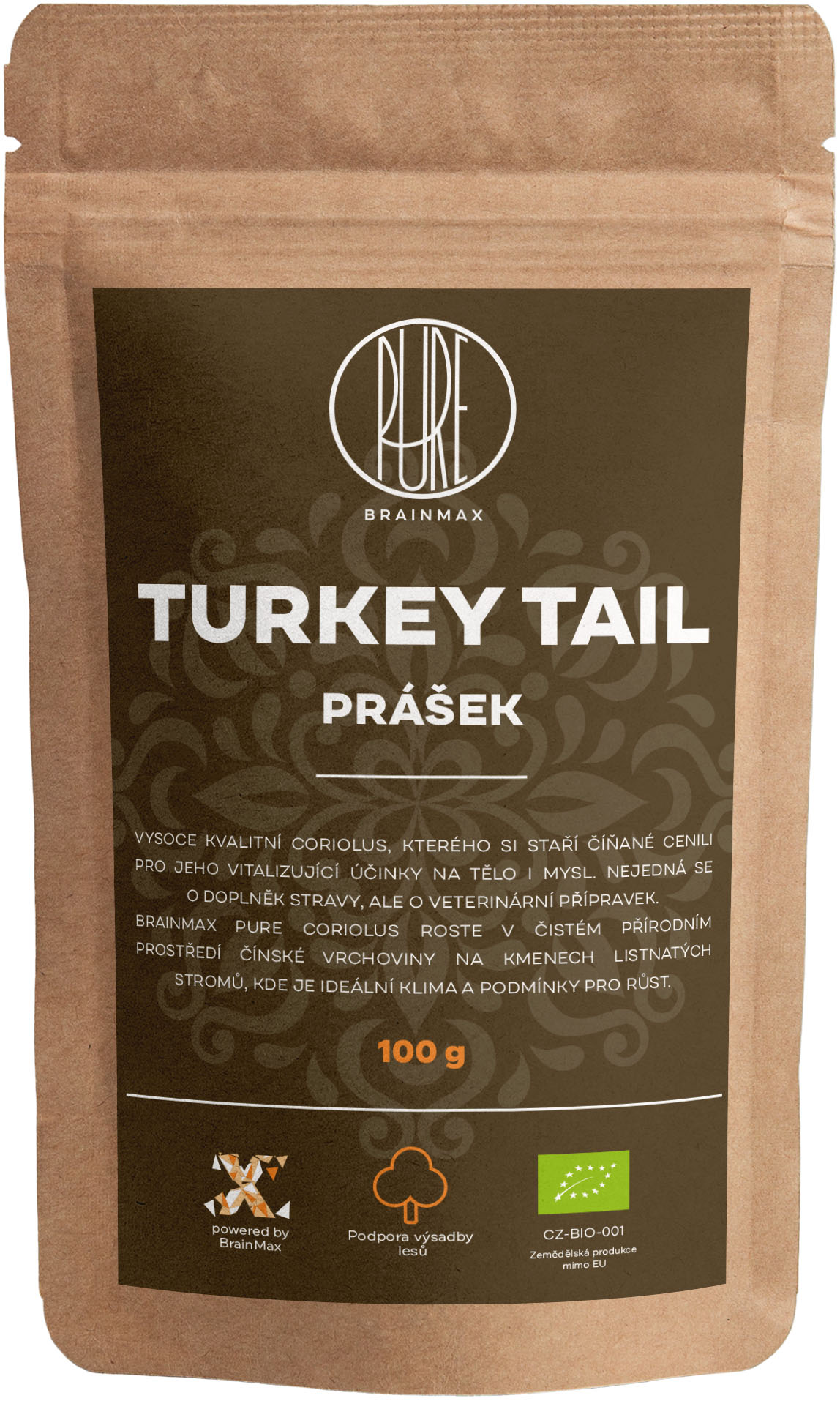 Levně BrainMax Pure Turkey Tail (Coriolus) prášek, BIO, 100g *CZ-BIO-001 certifikát