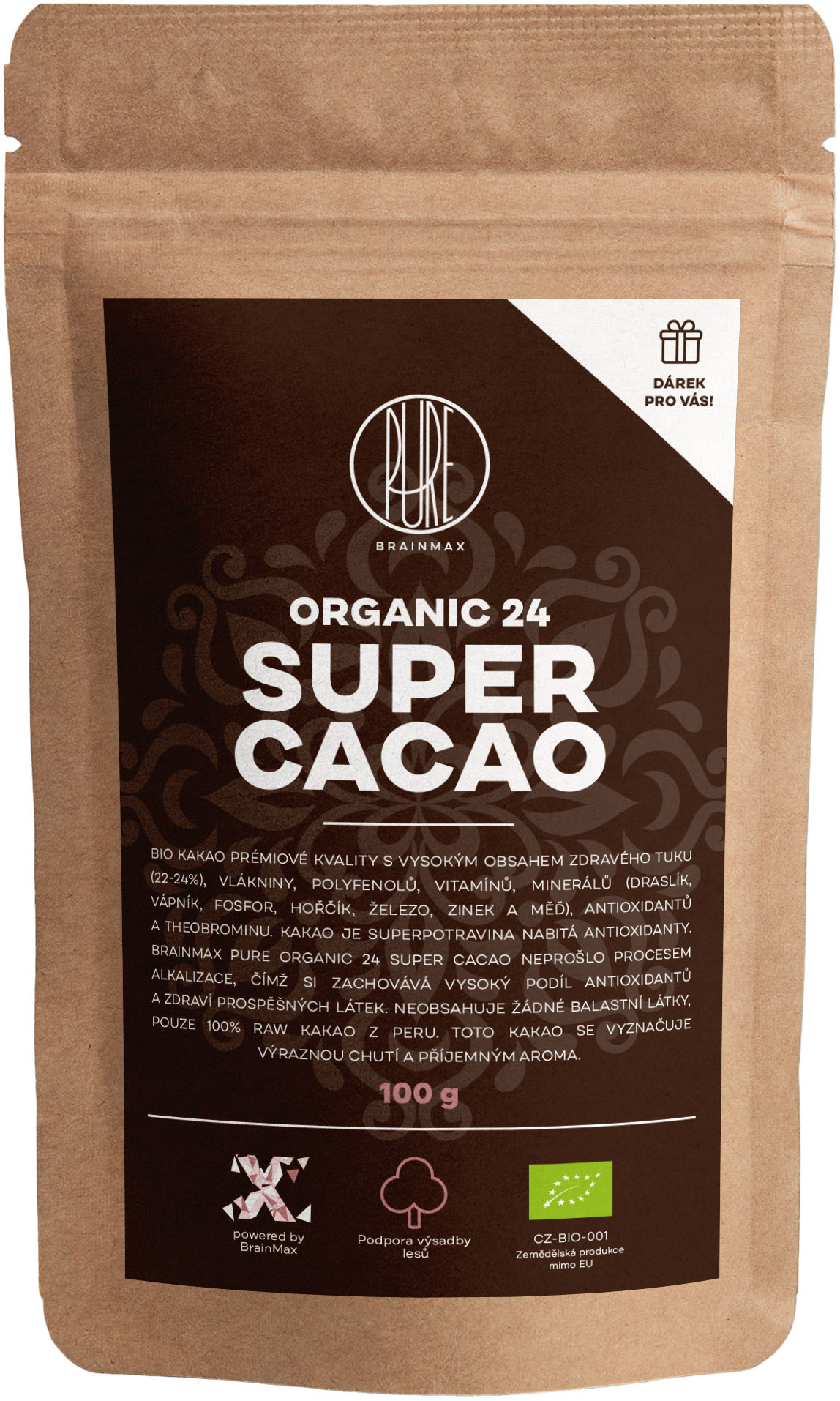 BrainMax Pure Organic 24 Super Cacao, BIO kakao, 100g