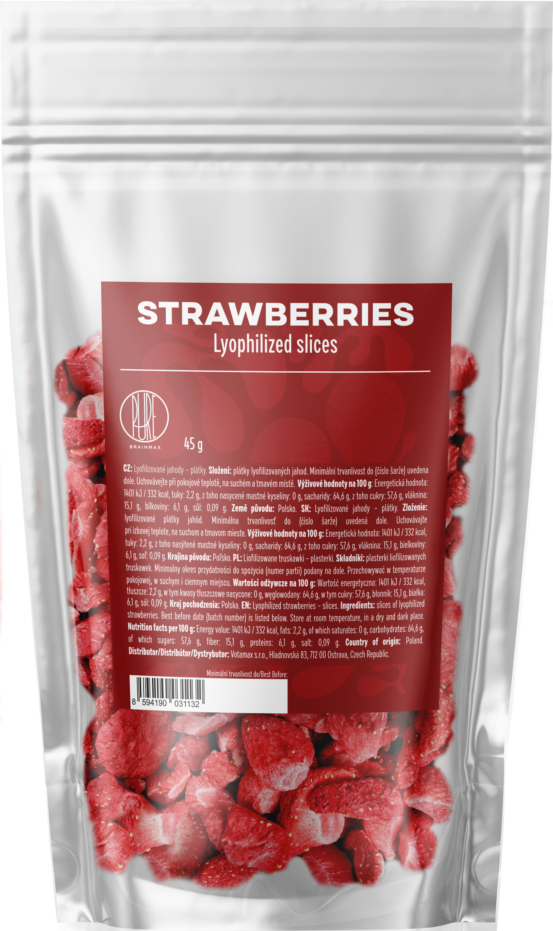 BrainMax Pure Lyophilized Strawberry Slices, Lyofilizované jahody, plátky, 45 g