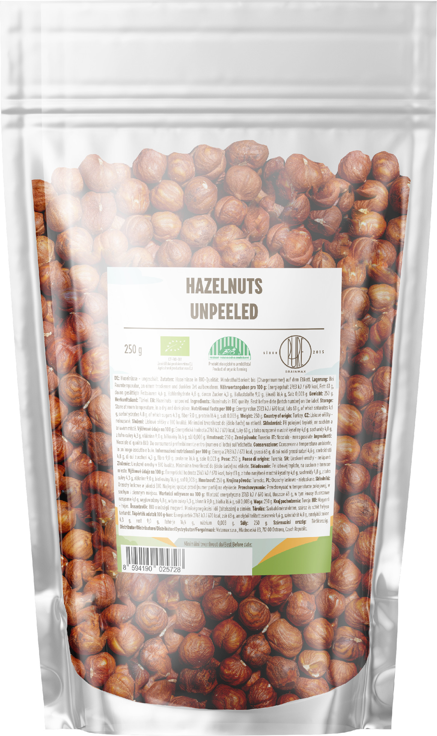 Brainmax Pure Lískové oříšky, neloupané, BIO, 250 g Obrázek