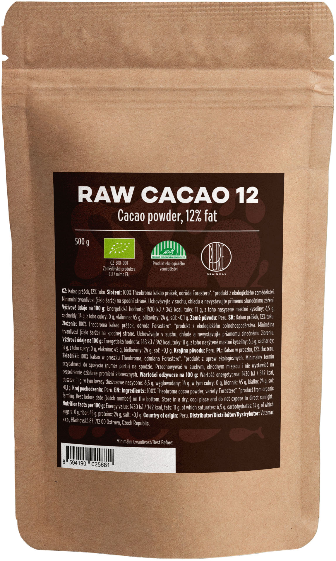 BrainMax Pure Raw Cacao 12, BIO 500 g *CZ-BIO-001 certifikát