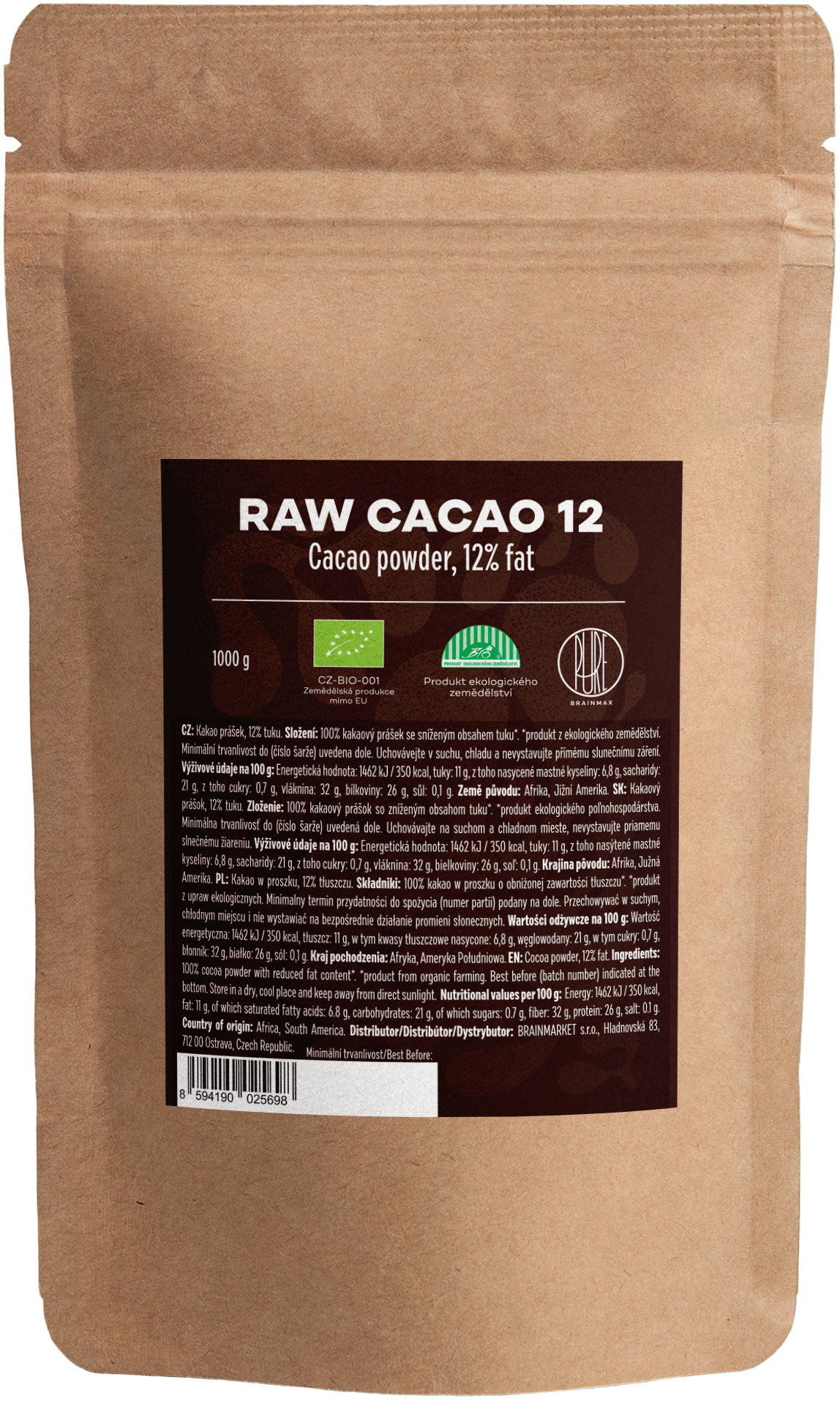 BrainMax Pure® Raw Cacao 12, BIO, 1kg