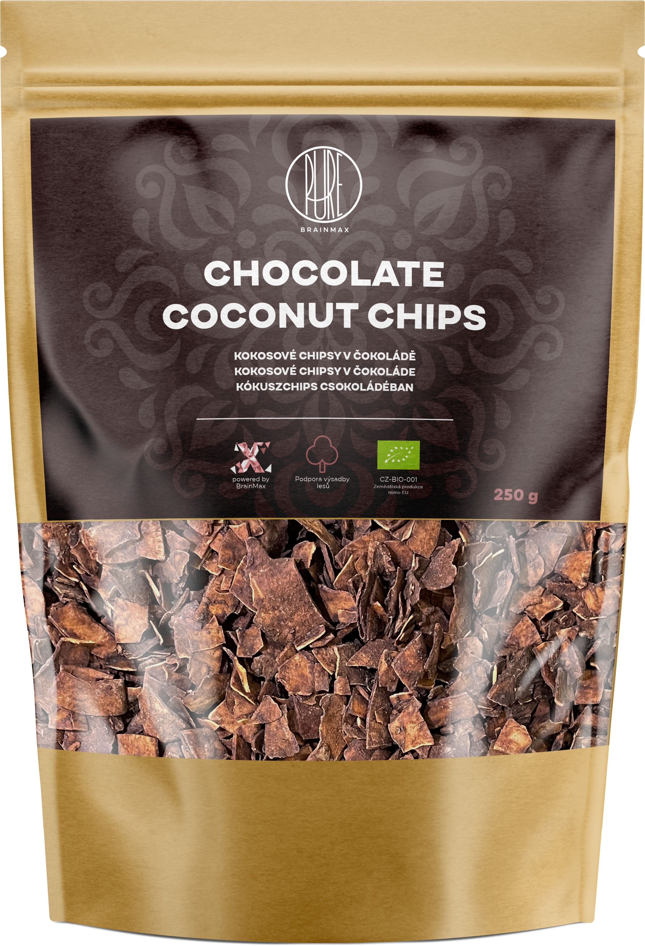 BrainMax Pure Chocolate Coconut chips, Kokosové chipsy v čokoládě, BIO, 250 g * CZ-BIO-001 certifikát