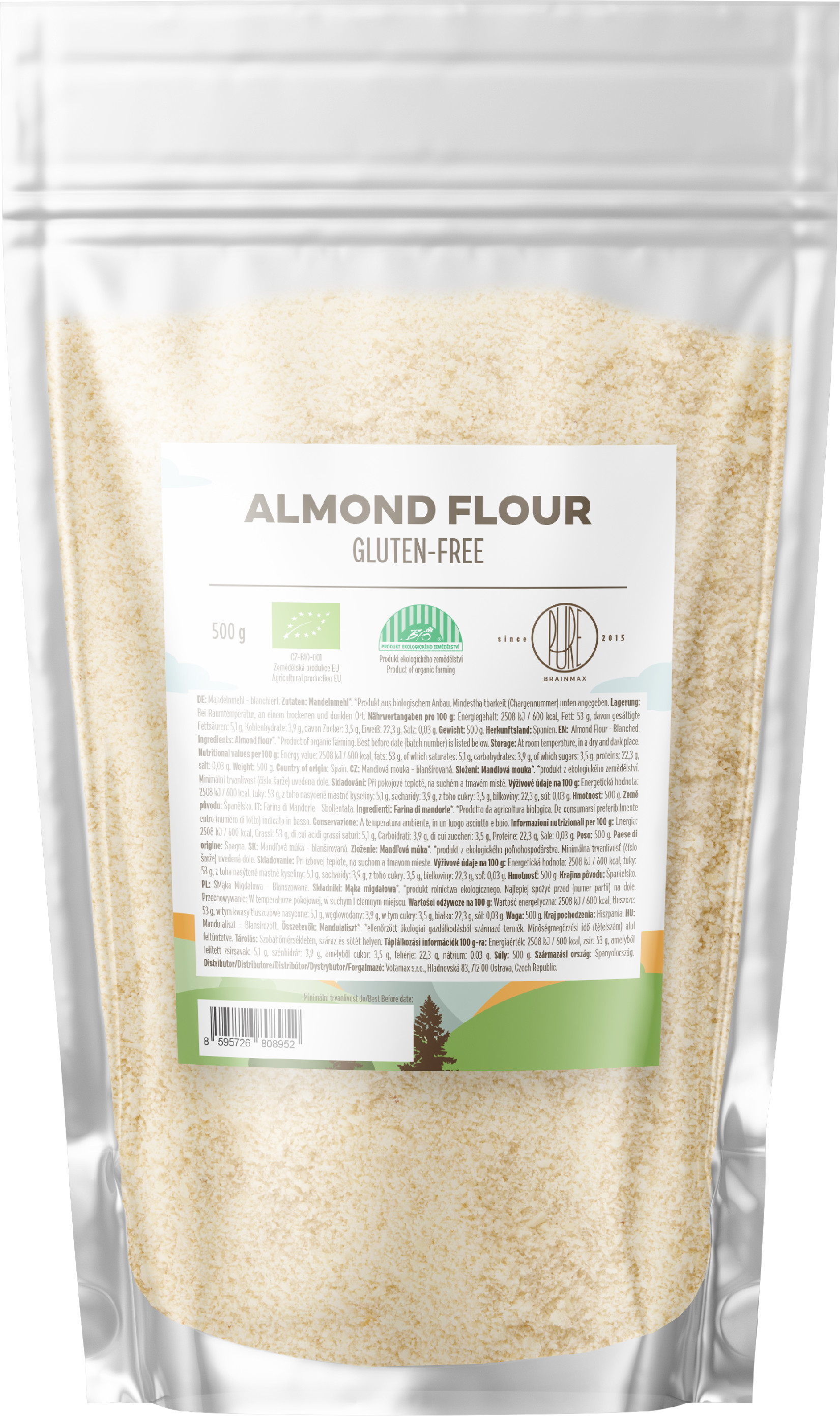 BrainMax Pure Almond Flour, Mandlová mouka blanšírovaná BIO, 500 g