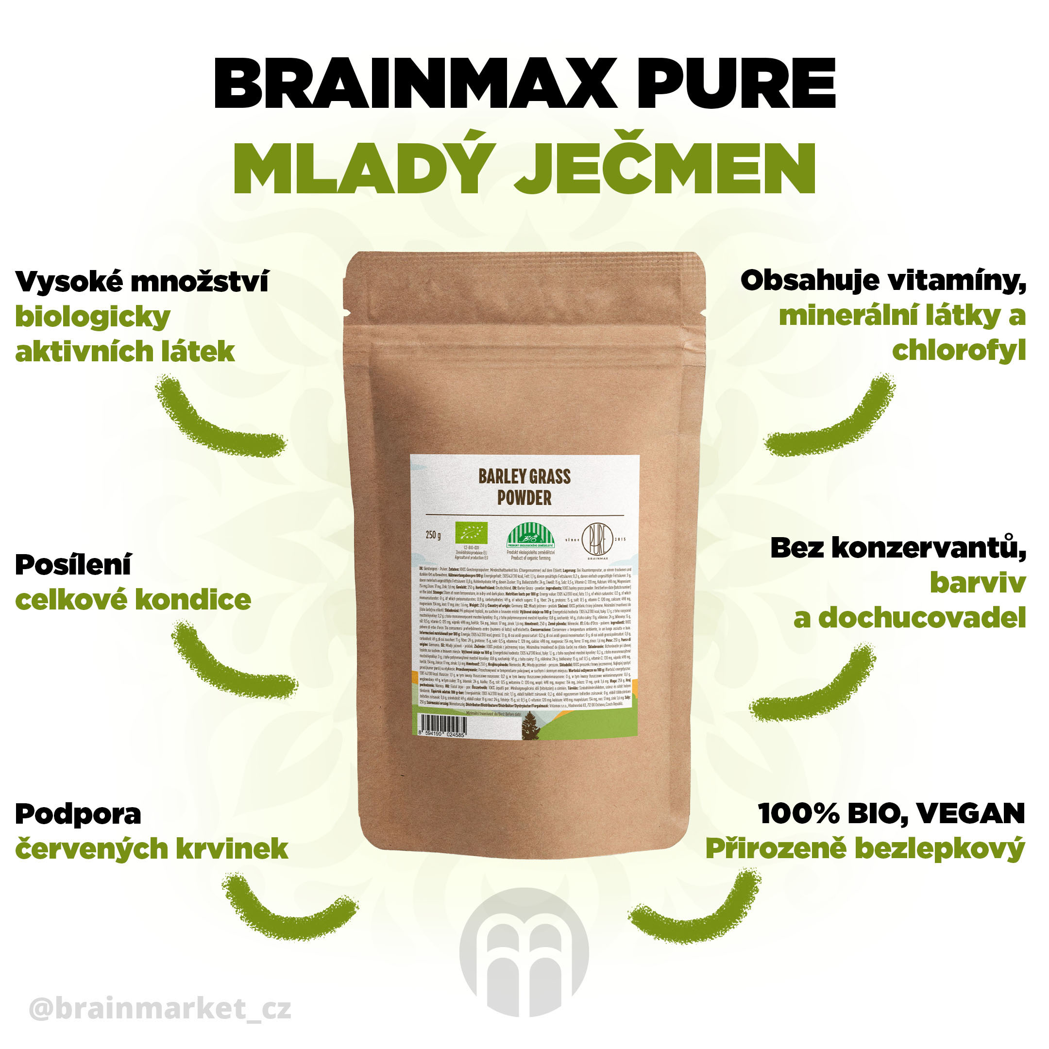 Levně BrainMax Pure Mladý ječmen BIO, 250 g *CZ-BIO-001 certifikát