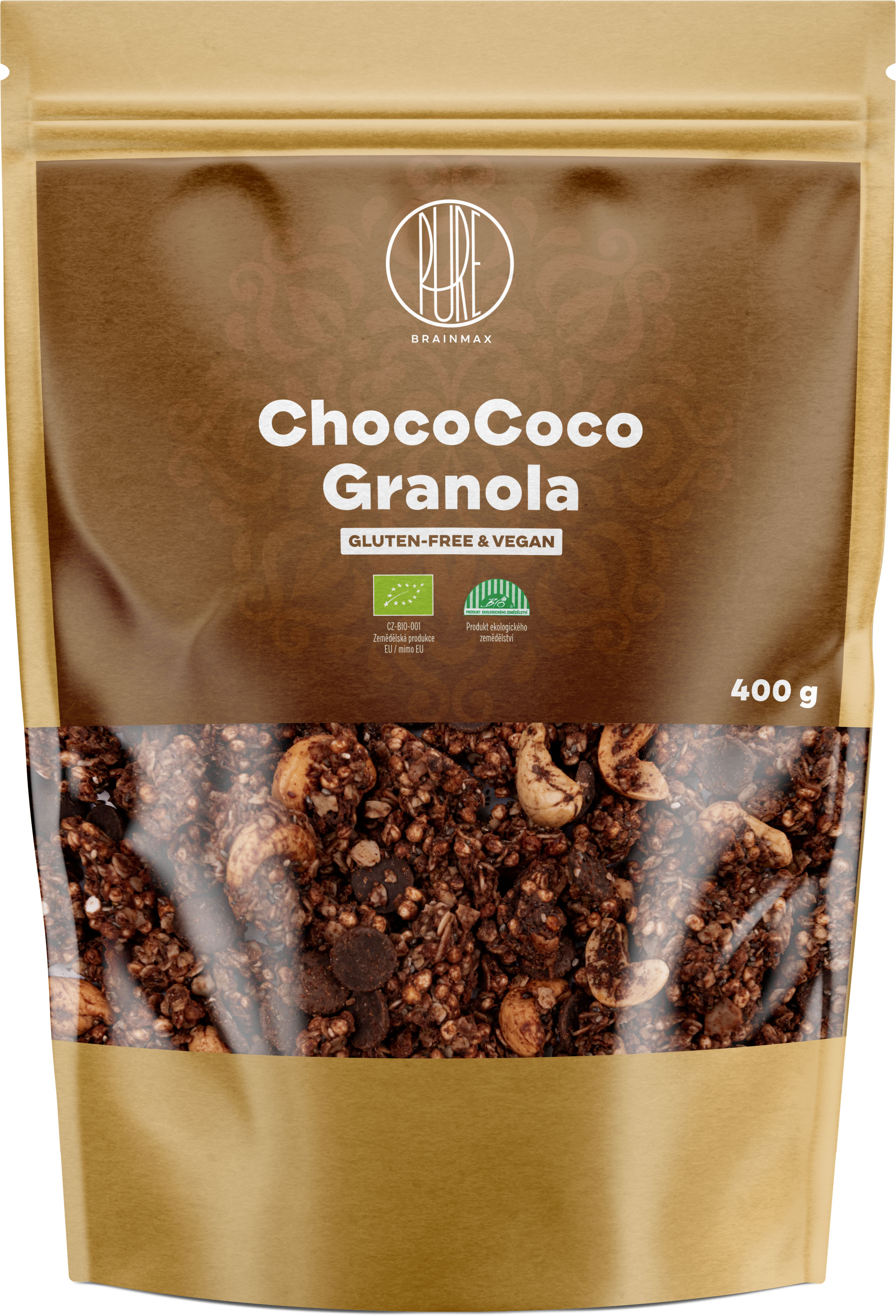 Levně BrainMax Pure ChocoCoco Granola, Čokoláda a Kokos, BIO, 400 g Zapečené müsli s čokoládou a kokosem, *CZ-BIO-001 certifikát