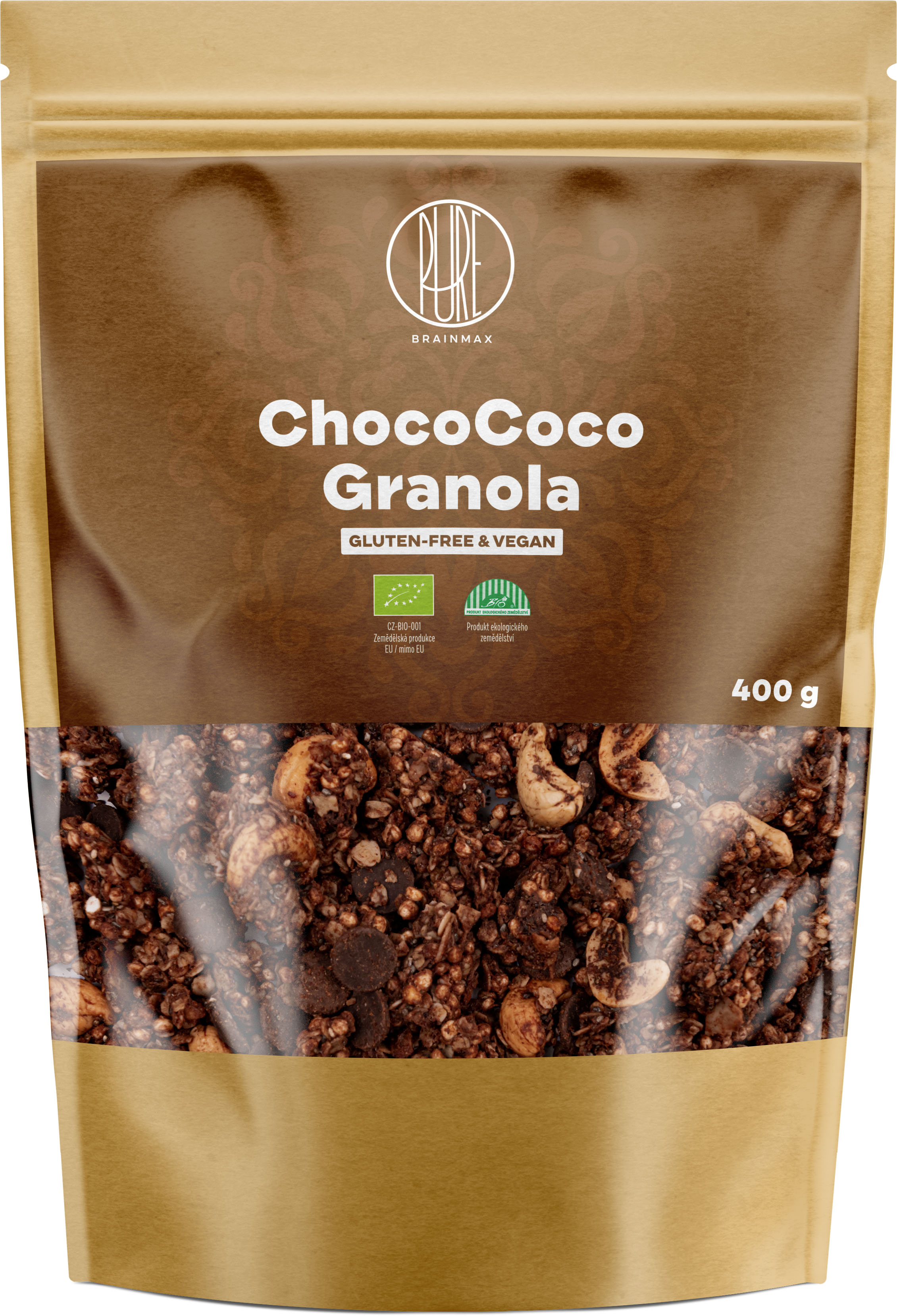 BrainMax Pure ChocoCoco Granola, Čokoláda a Kokos, BIO, 400 g Zapečené müsli s čokoládou a kokosem, *CZ-BIO-001 certifikát