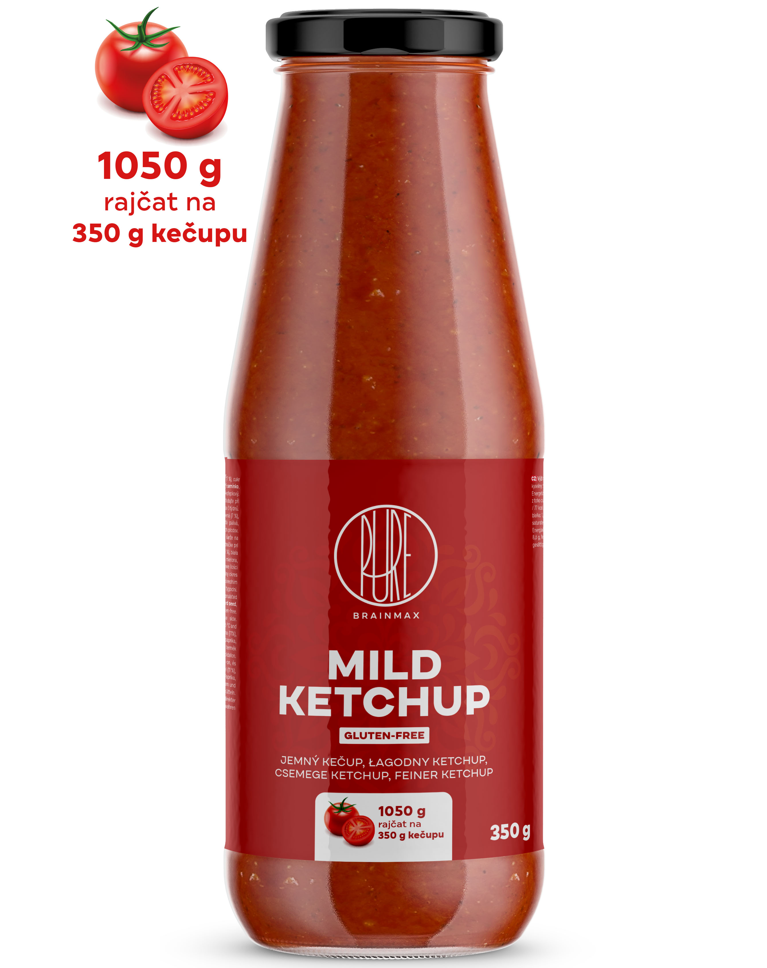 BrainMax Pure Ketchup, mild (jemný kečup), 350 g 1050 g rajčat na 350 g kečupu!