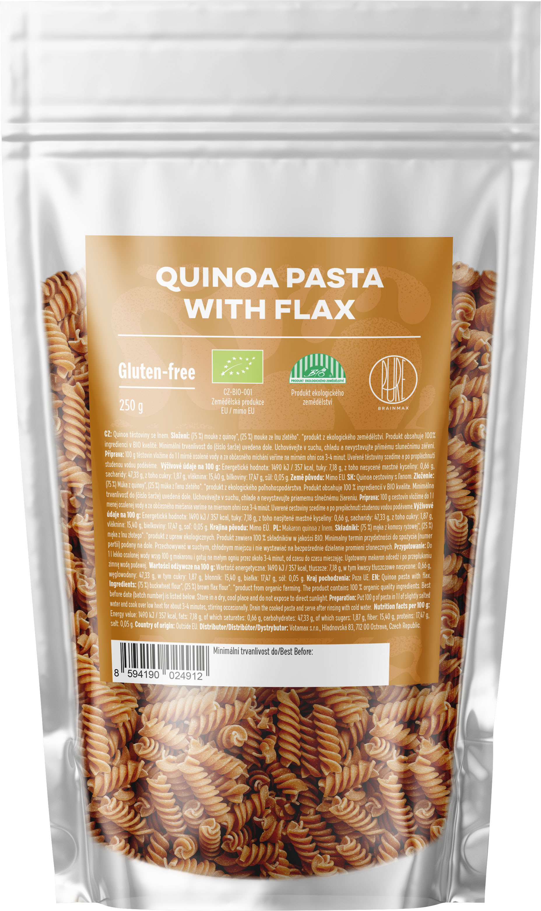 BrainMax Pure Těstoviny z quinoy se lnem, spirály, BIO, 250 g *CZ-BIO-001 certifikát