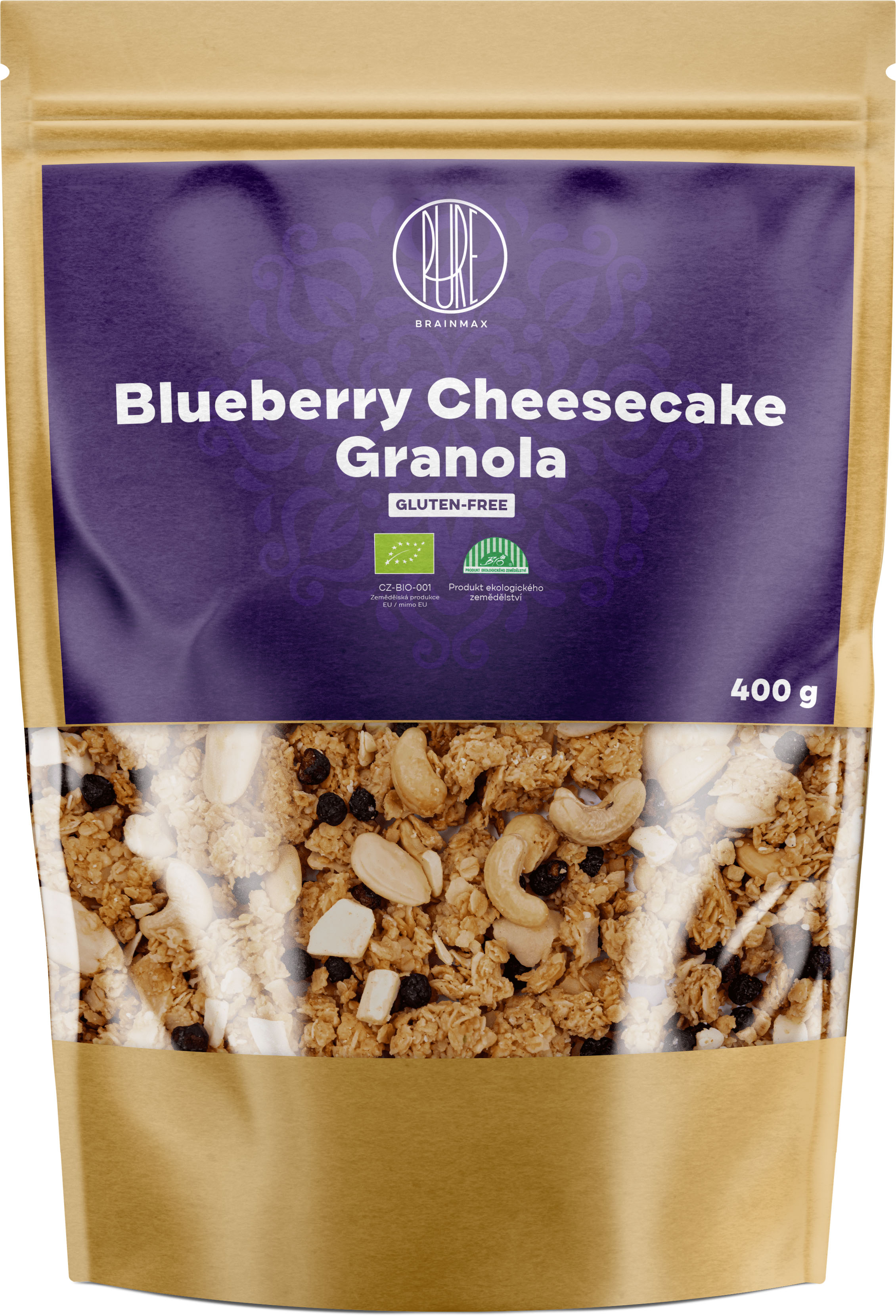 Levně BrainMax Pure Blueberry Cheesecake Granola, Borůvky a Bílá čokoláda, BIO, 400 g Zapečené müsli s bílou čokoládou a borůvkami / *CZ-BIO-001 certifikát